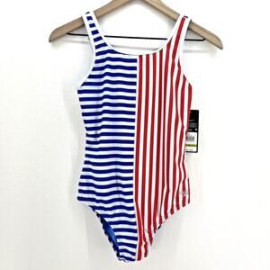 Speedo Girls One-Piece Swimsuit Size 14 Red White Blue Striped Patriotic NWT